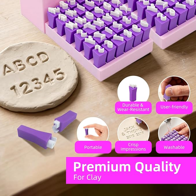 Purple Alphabet Stamps for Clay – 36 Pcs (Uppercase Letters & Numbers 0-9 Set), Essential Clay Letter Stamps for Pottery, Ceramics, Concrete, DIY Craft Tools with Storage Box