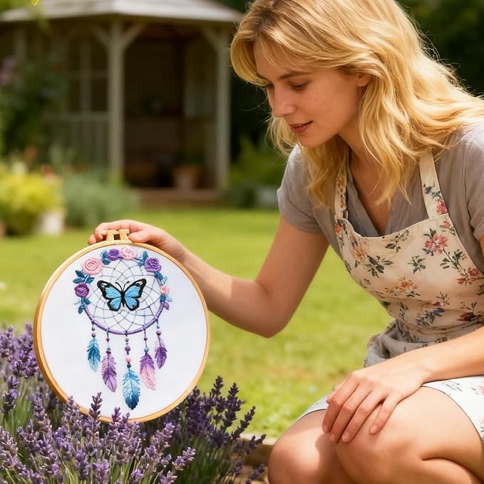 BEUNITONE 4 Set Dream Catcher Embroidery Kit for Beginners 7.9"x7.9" | DIY Craft Kits for Adults Women with Embroidery Hoops, Instructions, Handmade Needlepoint Kits for Craft Lover and Home Decor