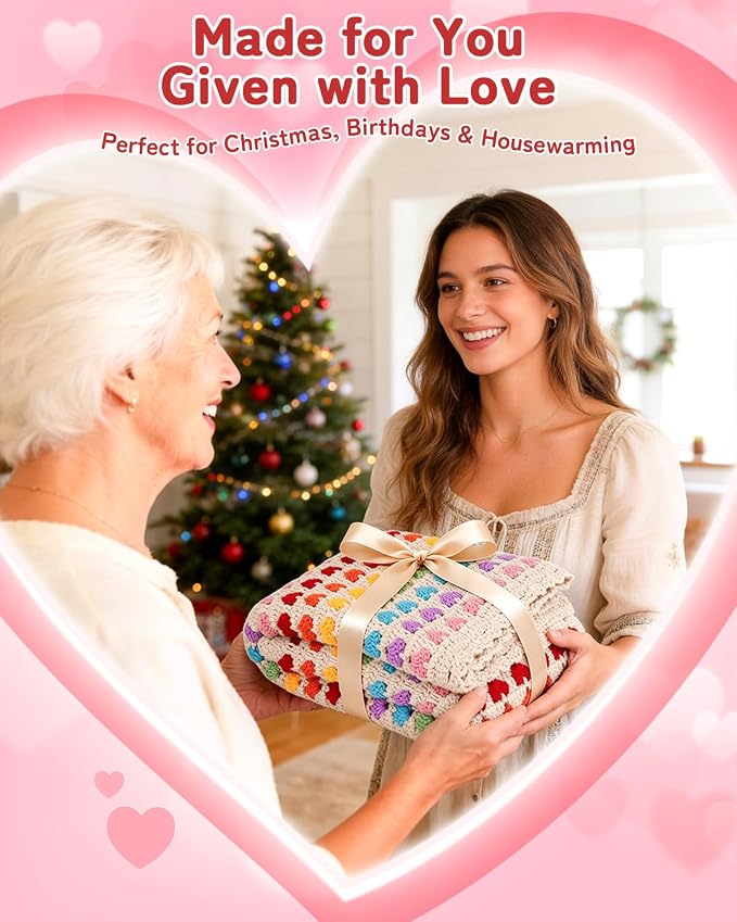 Arborthread Blanket Crochet Kit for Beginners, Crochet Heart Blanket Kit w/Premium Yarns, Detailed Video & Instructions for Adults & Kids – Featuring a Colorful Rainbow Heart Pattern and Edging