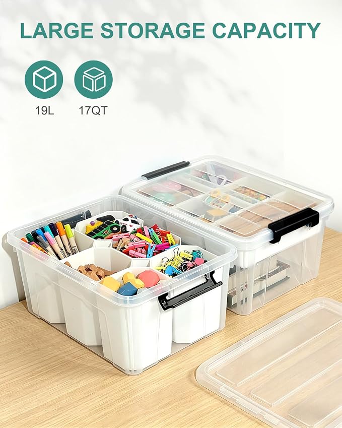 EOENVIVS Clear Storage Bins with 6 Tall Inserts, Stackable craft organizers and storage Box, Plastic Storage Totes with Lids and Handles for Crafts, Jewelry & Sewing, Art Supplies, Markers, Pens