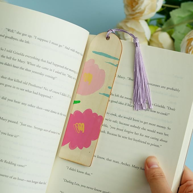 SWATOM Wood Bookmarks Blank DIY Semicircle Wooden Bookmark Craft Bulk 30 PCS Unfinished Wood Tags Ornaments with Holes and Tassels for Wedding Party Birthday Decoration