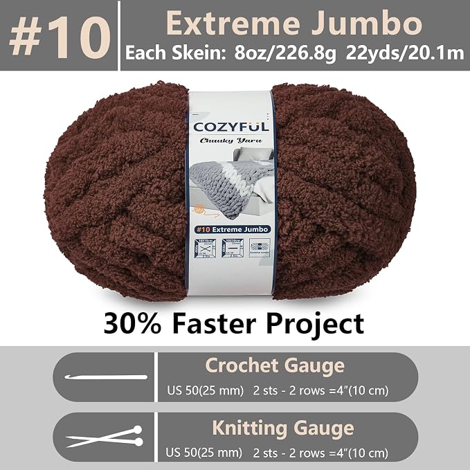Cozyful Chunky Yarn for Hand Knitting - #10 Chunky Chenille Yarn, Jumbo Big Thick Chunky Yarns for Crocheting, Super Bulky Chunky Knit Blanket Yarns, 8 Skein (22 yds 8 oz Each Skein), Dark Coffee