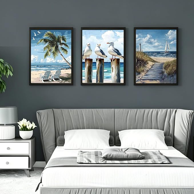 PHANTASYART 3 Pack Beach Paint by Numbers Kit for Adults 12x16inch | Adult Paint by Numbers, Beach-Theme Canvas Paint by Numbers for Adults, DIY Acrylic Paint Kit for Gifts Home Decor