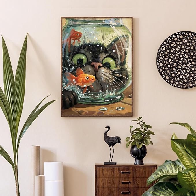 Cat Fish Funny Paint by Numbers Kit for Adults Canvas, Frameworkless | Easy Adult Paint by Number Kits on Canvas DIY Cat Fish Funny Painting for Beginners Art by Numbers for Home Wall Decor Gift