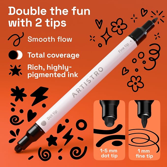 ARTISTRO Black Dual-Tip Acrylic Paint Marker Pens - Set of 36 | For Fabric, Rock, Glass, Wood, & Coloring Books, Arts & Crafts Gift, Classroom Must Haves & School Supplies (Dot & Fine Tips)