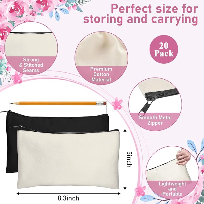 Legigo Blank Canvas Bags Zipper Pouch Makeup Bags Pencil Pouch Bulk | Multi-Purpose, Sturdy Canvas Pouch with Zipper, Cosmetic Travel Toiletry Bag for DIY Crafts, Gifts & Storage, 8.3 x 5 Inch