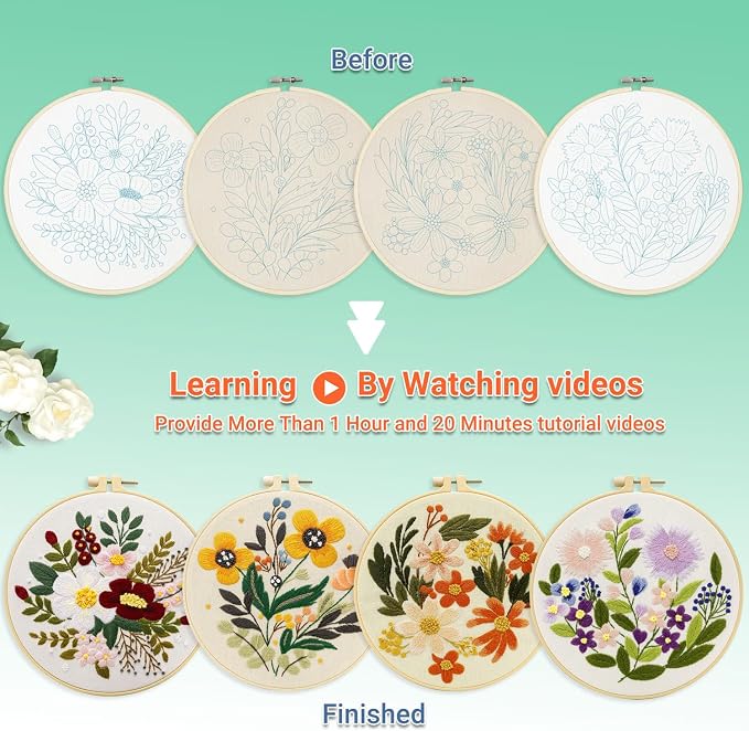 Bonroy 4 Sets Embroidery Set for Beginners Art Crafts Easy Sewing Includes Embroidery Clothes with Pattern, Hoop, Instruction Manual, Color Stitch Set (Assorted 1)