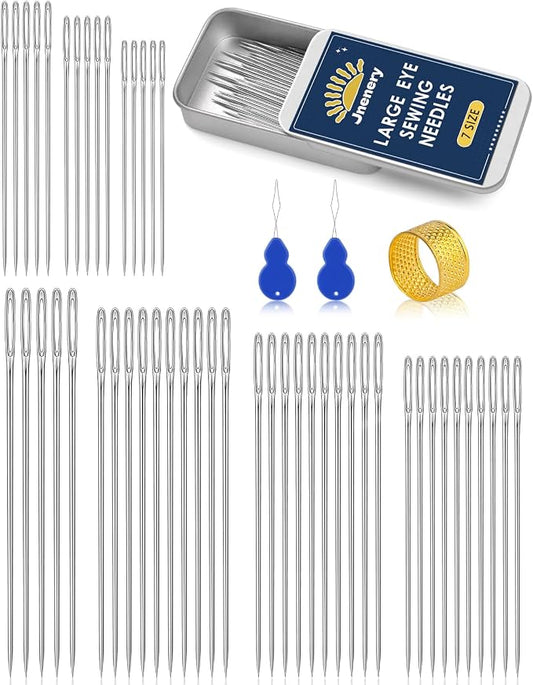 50 Pcs Large Eye Sewing Needles, 7 Size Embroidery Needles for Handsewing | Leather Sewing Thread Sharp Needle, Stainless Steel Yarn Knitting Needle with Threader, Thimble for Repair, Quilting