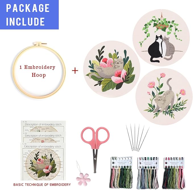 LB Funny Cat Embroidery Kit for Beginners Adults, 3 Sets Hand Embroidery Starter Kit with Floral Pattern and Instructions Stamped Cross Stitch Kits Include Embroidery Hoop Needles Threads Scissors