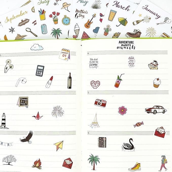 Planner Stickers, 365+ Pcs Daily Weekly Monthly Holiday Seasonal Calendar Stickers for Bullet Journal Scrapbook Diary Notebook Envelope
