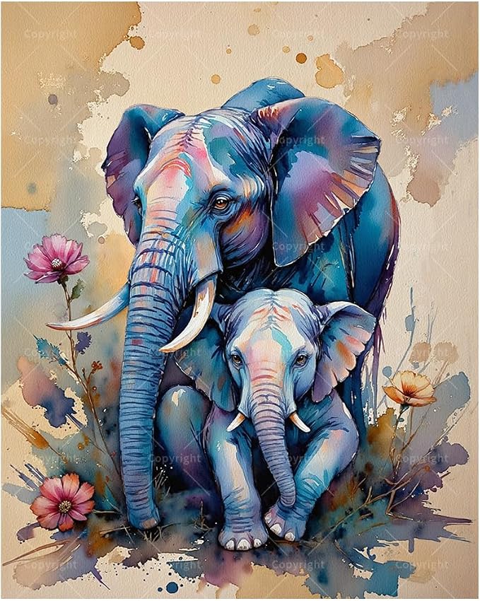 Elephant Family Paint by Numbers Kit for Adults - DIY Mother and Baby Elephant Painting on Canvas, Acrylic Paint Set, Suitable for Beginners, Art for Home Decoration or Gifts(12X16IN Framed)
