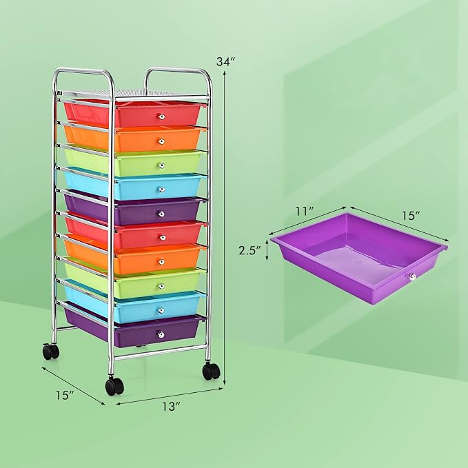 COSTWAY 10-Drawer Rolling Storage Cart, Utility Mobile Trolley