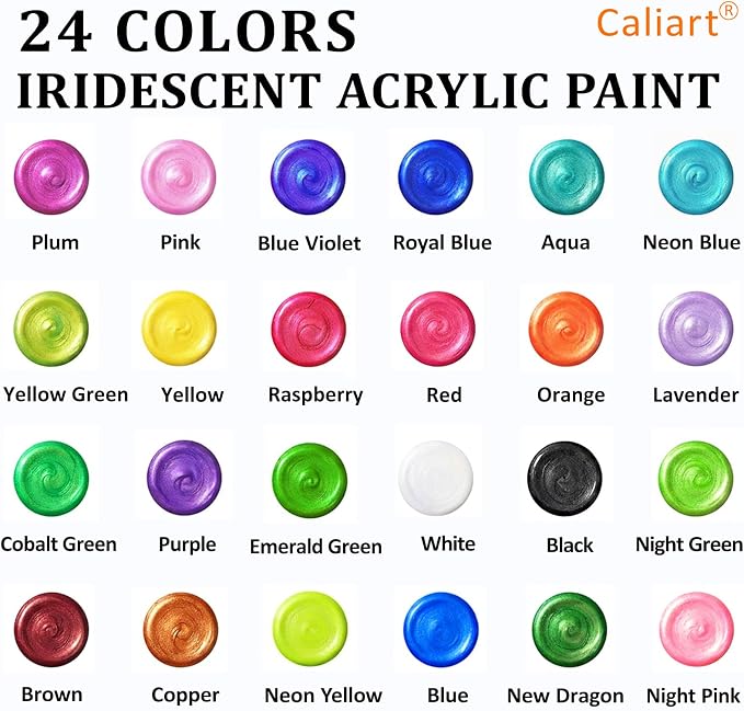 Caliart 24 Chameleon Colors Iridescent Acrylic Paint Set with 12 Brushes ﻿ | Craft Painting kit for Adults Artists Beginners, Rich Pigment Non-toxic, Canvas Wood Rock Pumpkin Ceramic Art Supplies Paint