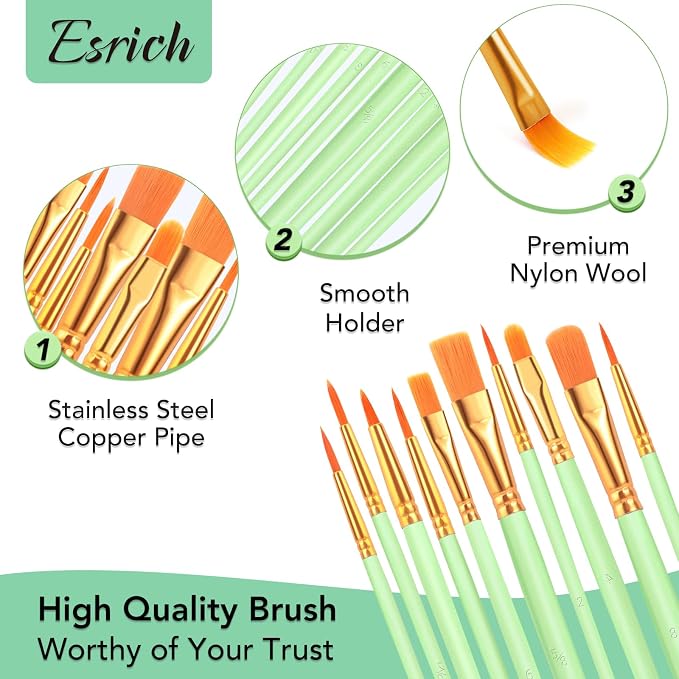 ESRICH 100PCS Paint Brushes, Paint Brush for Acrylic Painting | Artist Paintbrushes for Oil Watercolor, Body Face Rock Canvas, Small Paint Brushes for Kids, Green