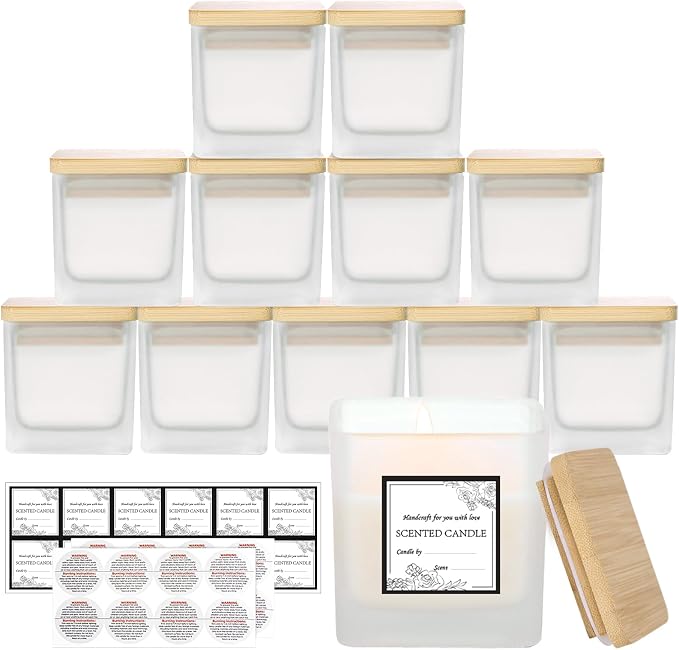CONNOO 12 Pack 9oz Frosted Glass Square Candle Jars with Bamboo Lids
