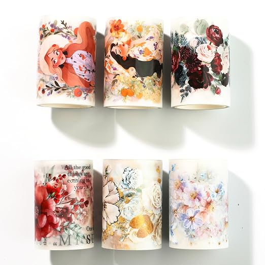 Floral PET Washi Tape Set - 6 Roll Wide PET Tape for Scrapbook Supplies,Character Decorative Girls Sticker,Flower Stickers, Bullet Journals Materials,Planner Arts Craft Collage