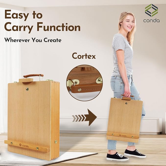 CONDA Premium Wooden Sketch Box Easel - Adjustable Tabletop Art Easel for Painting, Drawing & Sketching, Solid Beech Wood Design with Art Supply Storage, Ideal for Artists, Students & Beginners