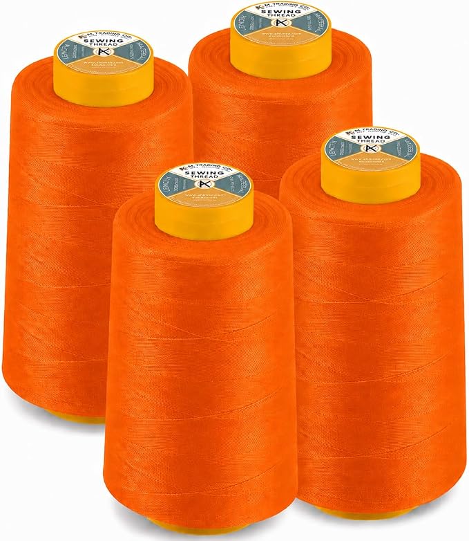 AK TRADING CO. 4-Pack Orange All Purpose Sewing Thread Cones (6000 Yards Each) of High Tensile Polyester Thread Spools for Sewing, Quilting, Serger Machines, Overlock, Merrow & Hand Embroidery