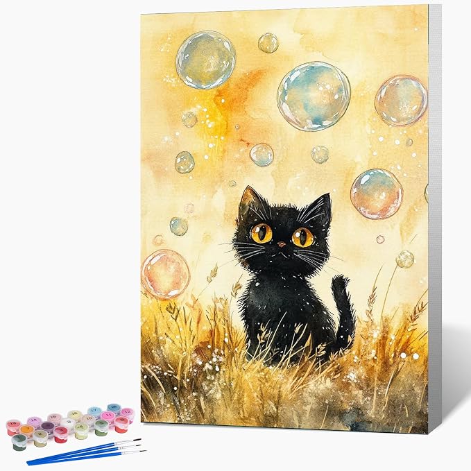 Framed Paint by Numbers Kit for Adults Beginner & Kids Ages 8-12, Black Cat Paint by Numbers with frame, without Easel, DIY Acrylic Number Painting for Adults Animal for Home Decor Gift 8 x 12 Inch