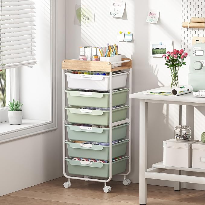 SYKIARIOL 6 Drawer Rolling Cart for Craft Storage,Utility Drawer Cart,Green | Organizer with Handle and Wooden Top,Storage on wheels for Office,Classroom,Laundry,Garage,Snack,Art Supply