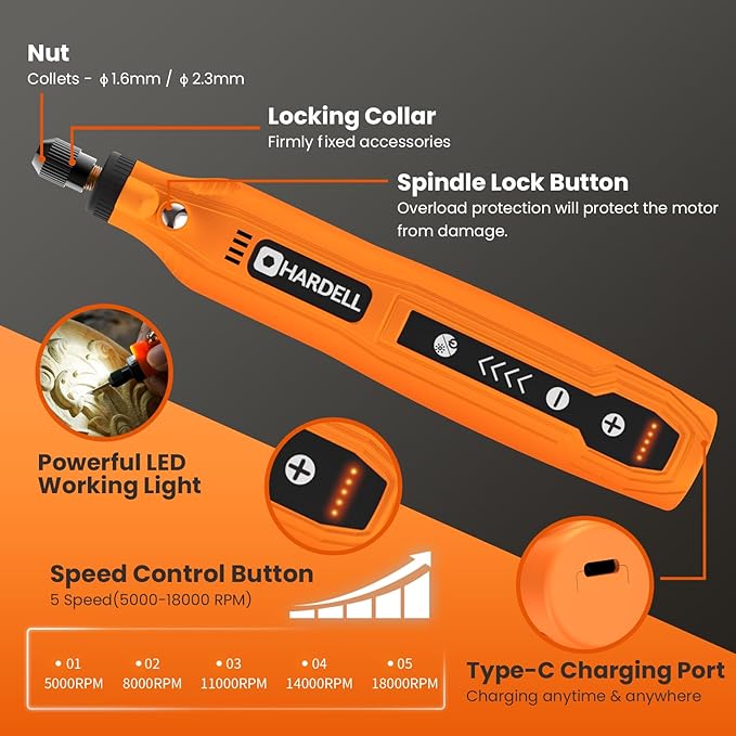 HARDELL Mini Cordless Rotary Tool, 5-Speed and USB Charging with storage case, Multi-Purpose 3.7V Power Rotary Tool for Sanding, Polishing, Drilling, Etching, Engraving, DIY Crafts | 5,000-18,000 RPM, 0.3LB Engraving Pen, LED Work Light – for Sanding, ...
