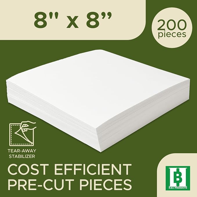 HBI Tear Away Embroidery Stabilizer Sheets, 8 x 8 in, 200 Pack | 1.8 oz tearaway backing, machine and hand embroidery, tears clean, fits all hoops and machines, white, made in USA