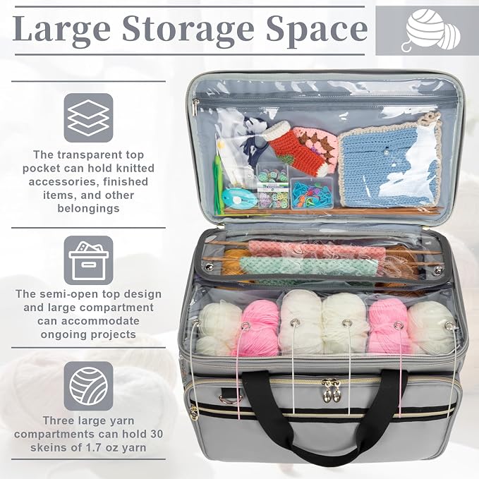 Anitor Large Crochet Bag Knitting Bag Yarn Storage Tote, Yarn Storage, Gray