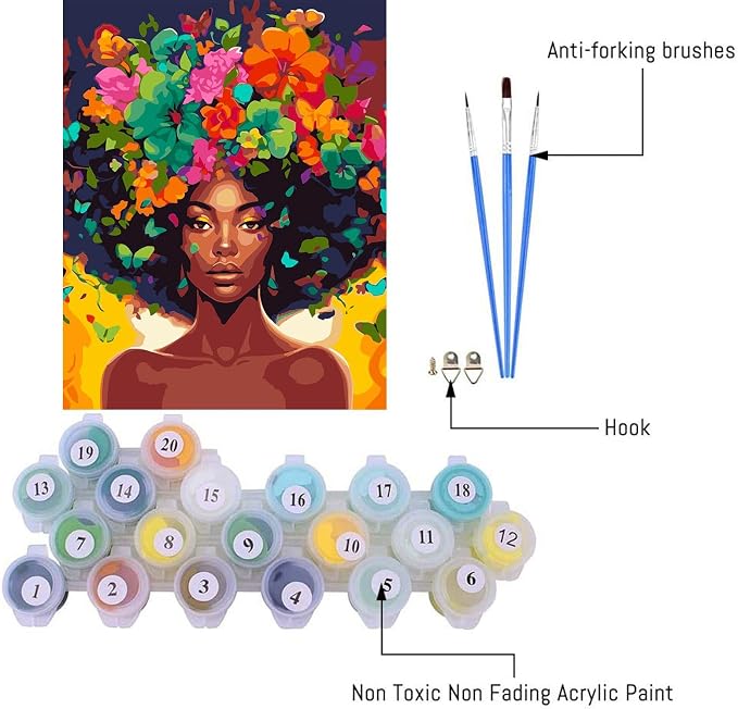 Clendo DIY African Woman Paint by Numbers for Adults Canvas, Flowers and Girl Paint by Number Kits on Canvas - Frameless Oil Painting Kits Arts and Crafts for Home Decor Present 16x20 inch