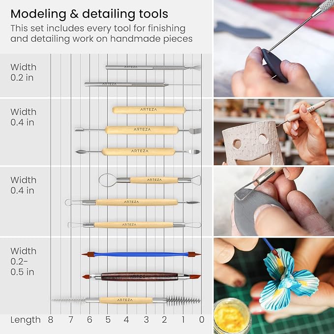 ARTEZA Pottery & Sculpting Tools, 42-Piece Clay Tools Set with Wooden Handles & Steel Tips for Polymer Clay, Ceramics, Carving, Modeling, Shaping & Smoothing | Wooden Handles, Steel Tips, Loop, Ribbon, Shaping and Detailing Tools, For Ceramics, Carving...