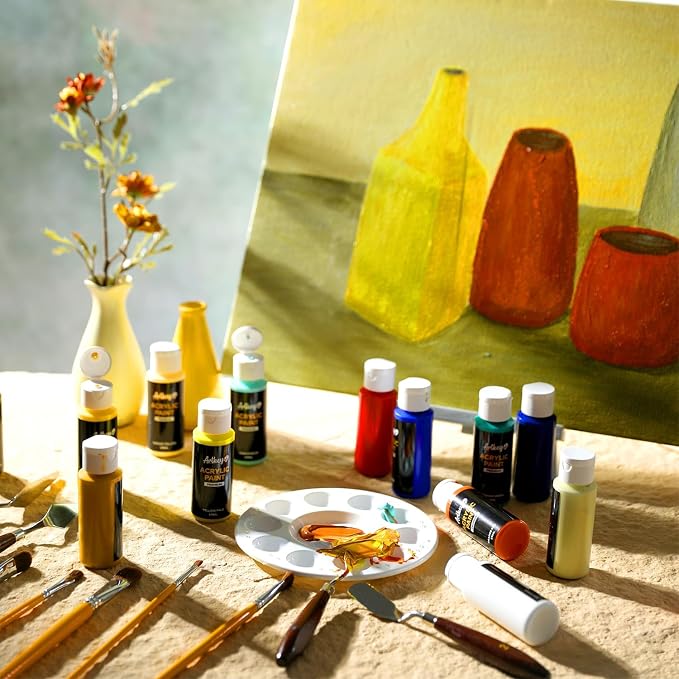 Artkey Acrylic Paint Set, 16 Colors 2 oz/59 ml Acrylic Paint Kit for Professional Artists & Beginners – Morandi Inspired “Poet of Subtle Shades” Palette for Canvas, Wood, Fabric, Rock, Leather, Ceramic, Glass