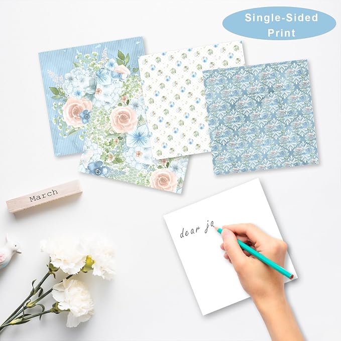 28 Sheets Scrapbook Paper, Floral Scrapbooking Specialty Papers 160gsm Cardmaking Craft Paper Pack Decorative Paper for Card Making (6"X6" Inch, Powder Blue Flowers)