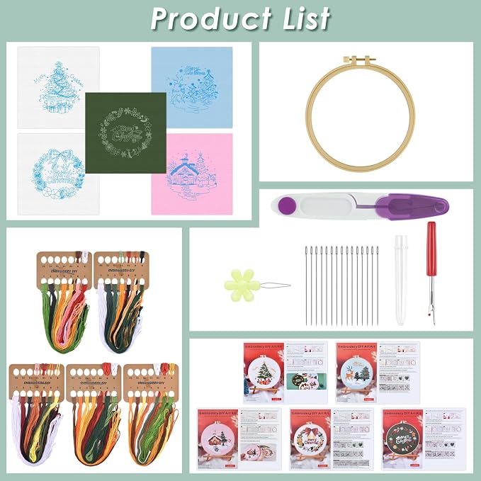 ERKOON 5 Sets Embroidery Kit for Beginners, Christmas Cross Stitch Set with Easy Pattern Embroidery Cloth Hoops Threads for Craft Lover Hand Stitch