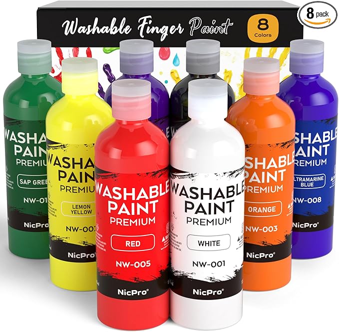 Nicpro 8 Colors Washable Finger Paint Set for Toddlers (4 oz), Non-Toxic | Baby Safe Paint for Hand and Feet, Mess Free Finger Painting Art Supplies for Kids Age 1-3 4 5 6+, Preschool Learning Gifts