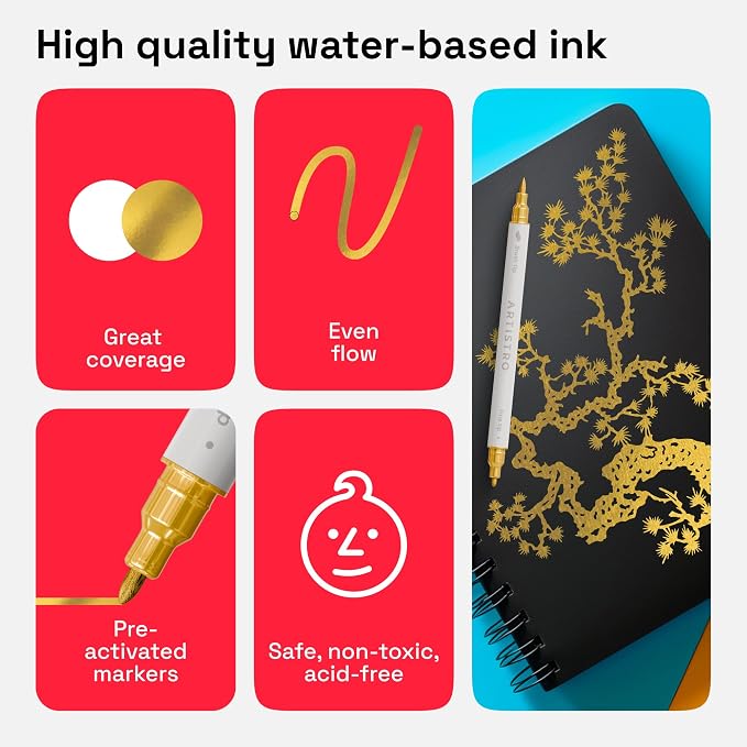 ARTISTRO Gold Dual-Tip Acrylic Paint Pens - Set of 2 | 1mm Fine & Brush Tips, Multisurface Markers, Perfect for Glass, Rock, Fabric, Wood, Plastic, & More