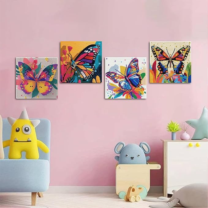 ICYANART 4 Pack Butterfly Diamond Art Painting Kits for Kids 6x6 Inch | Butterfly Diamond Art Kits for Kids Ages 6-8-12, Small Diamond Art Kits for Kids, Easy Art and Craft for Kids (no Frame)