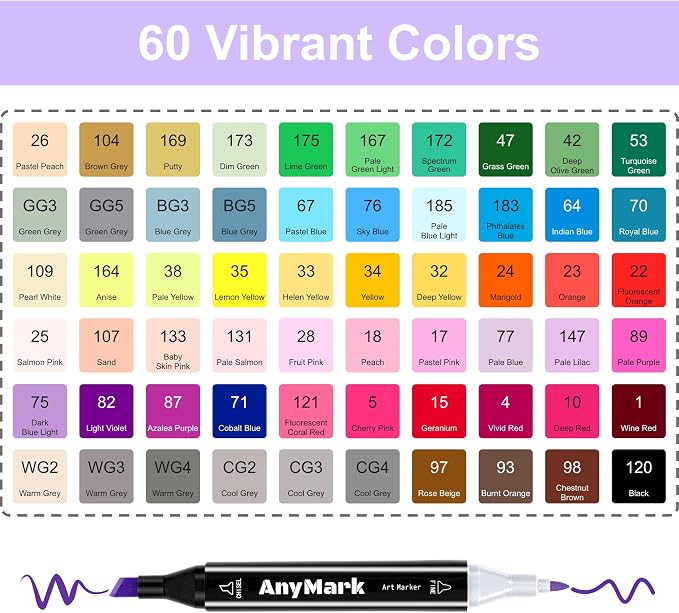 AnyMark Alcohol Markers, 60 Colors Dual Tip Art Coloring Markers Set | Alcohol Based Markers for Adult Book Drawing Sketching Painting, Chisel & Fine, Black Penholder
