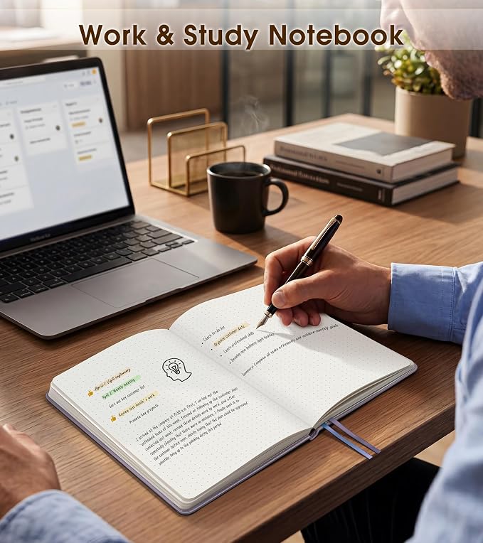 Dotted Journal Notebook, A5 Leather Hardcover, 160 Pages, 180° Lay-Flat Binding, 100 GSM Thick Paper, Dot Grid for Bullet Journaling, Planning & Daily Organization (Purple)