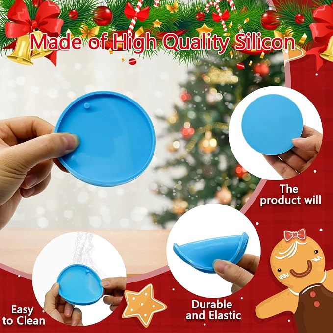 MEMOVAN Christmas Ornaments Resin Molds with Hole 4pcs Round Silicone Coaster Molds Round Pendant Casting Molds for Epoxy Resin Christmas Tree Decorations IY Crafts Keychain Making
