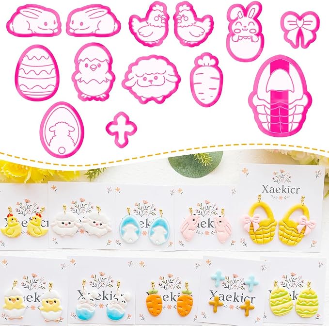 Easter Polymer Clay Cutters Set - 13pcs Sharp & Durable Bunny, Chick, Egg & Basket Shapes for DIY Earring Jewelry Making, Soft Clay Crafts & Spring Holiday Supplies