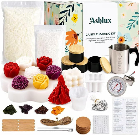 Ashlux Premium Candle Making Kit for Adults, 5lb Soy & Beeswax Flakes Set | Complete DIY Supplies for Beginners, 3 Molds, Dyes, Thermometer, Melting Cup, Ideal for Family Crafting, Gifts, Home decor