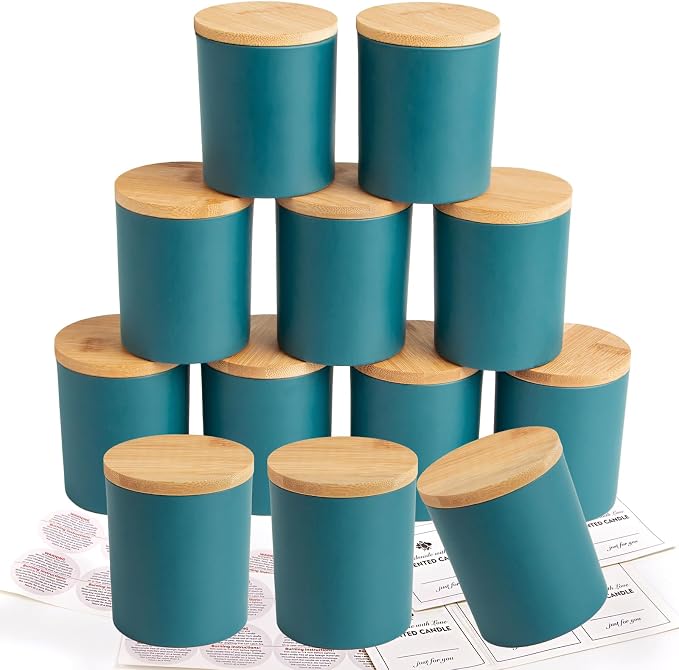 CONNOO 12 Pack 10 OZ Navy Blue Glass Candle Jars | Airtight Bamboo Lids, Sticky Warning Labels, Empty Container Bulk, Dishwasher Safe