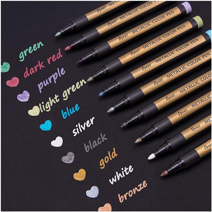 Dyvicl Metallic Marker Pens - Set of 10 Medium Point Metallic Markers for Rock Painting, Black Paper, Card Making, Scrapbooking Crafts, DIY Photo Album