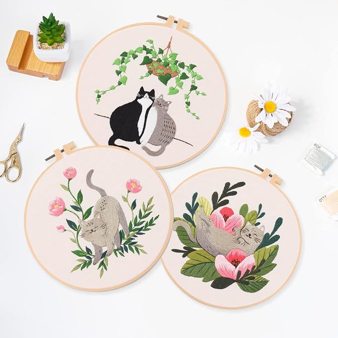 LB Funny Cat Embroidery Kit for Beginners Adults, 3 Sets Hand Embroidery Starter Kit with Floral Pattern and Instructions Stamped Cross Stitch Kits Include Embroidery Hoop Needles Threads Scissors