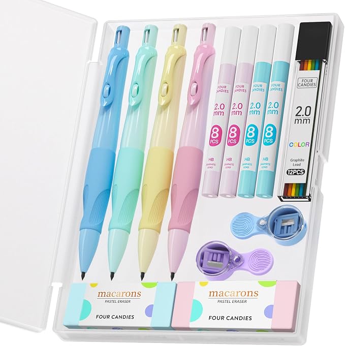 Four Candies 4PCS 2mm Mechanical Pencils for Kids, Comfort Ergonomic Grip