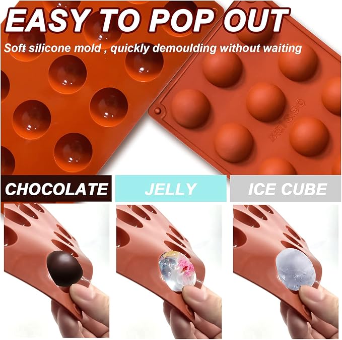 Lerykin Small 15-Cavity Semi Sphere Silicone Molds Non-Stick,2 Packs Half Sphere Silicone Baking Molds for Making Jelly, Chocolates and Cake