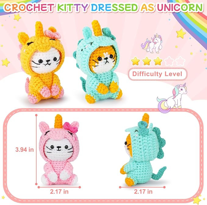 Crochet Kit for Beginners - 3 PCS Unicorn Cat Crochet Kits with Step-by-Step Video Tutorials, Beginner Crochet Kit for Adults, Crochet Animal Kit for Starters, Cat Dressed as Unicorn Set