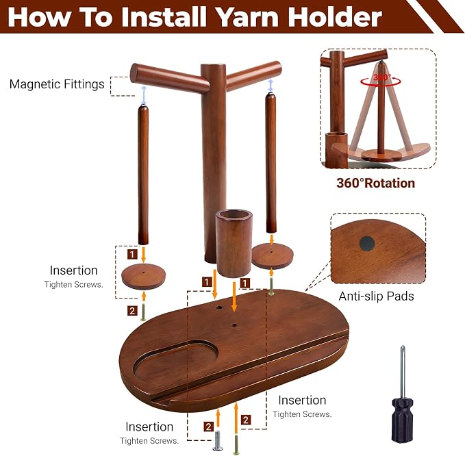 Lemosyu Wooden Yarn Holder for Crocheting, Magnetic Rotating Yarn Spinner | 360°Rotation, 2 Spindles, Phone Stand, Crochet Accessories Organizer for Knitting, Gift for Knitters Women Mom Grandma Wife