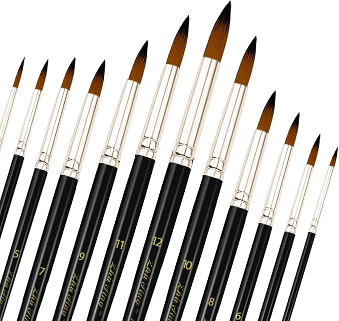 Paint Brushes Set, 12 Pcs Watercolor Brushes with Wooden Handle and Soft Nylon Hair Pointed Round Tips Artist Brushes for Acrylic Oil Watercolor Gouache (Black)