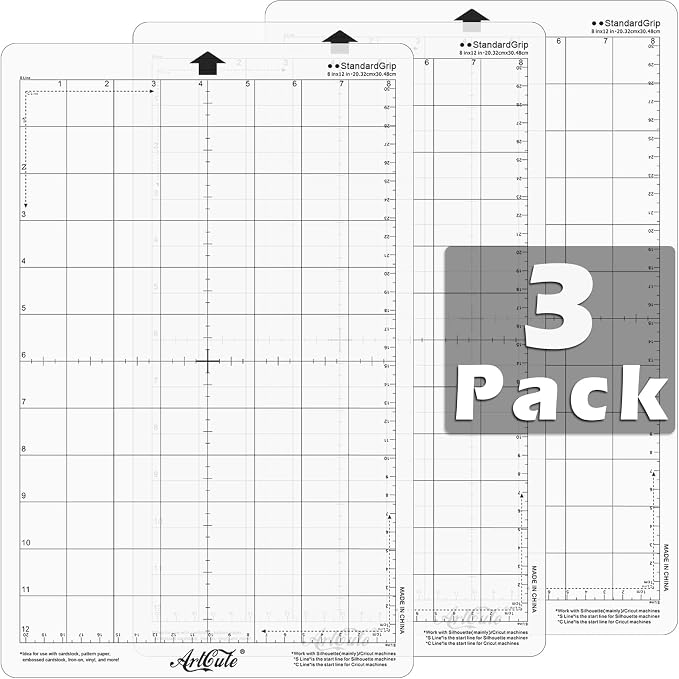 3 Pack Standard Grip Cutting Mat | 12 x 8 Inch for Silhouette Portrait Adhesive Sticky Replacement Cut Mats for Scrapbooking Die-Cut Machines (Clear)