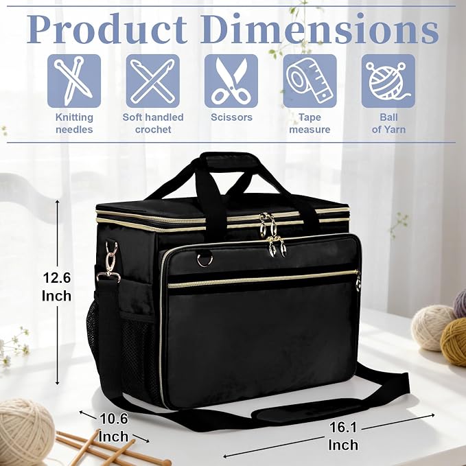 Anitor Large Crochet Bag Knitting Bag Yarn Storage Tote, Yarn Bag, Black